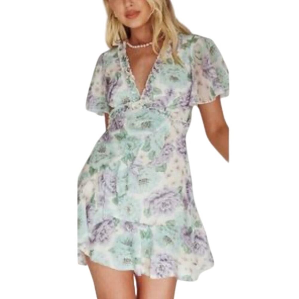 NWT SAINTS + SECRETS Lilac White Green Floral Flowy Chiffon Dress MED LRG Fairy